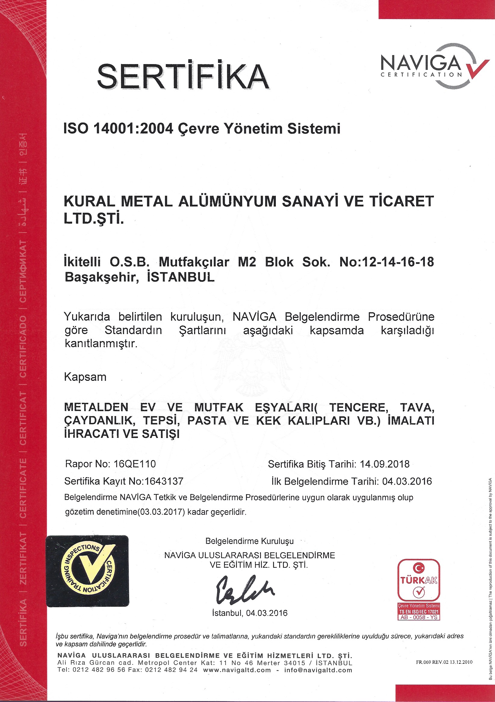 Brioni ISO 14001:2014 cevre yonetimi sistemi sertifikasi