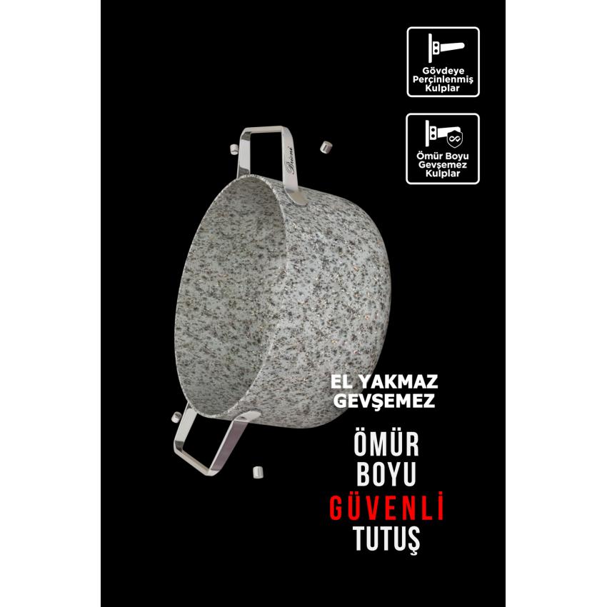 Stone-Age 3 Parça 24 cm Basık- 24 cm Tava Çizilmez Yanmaz Yapışmaz Kombin Tencere Tava Seti